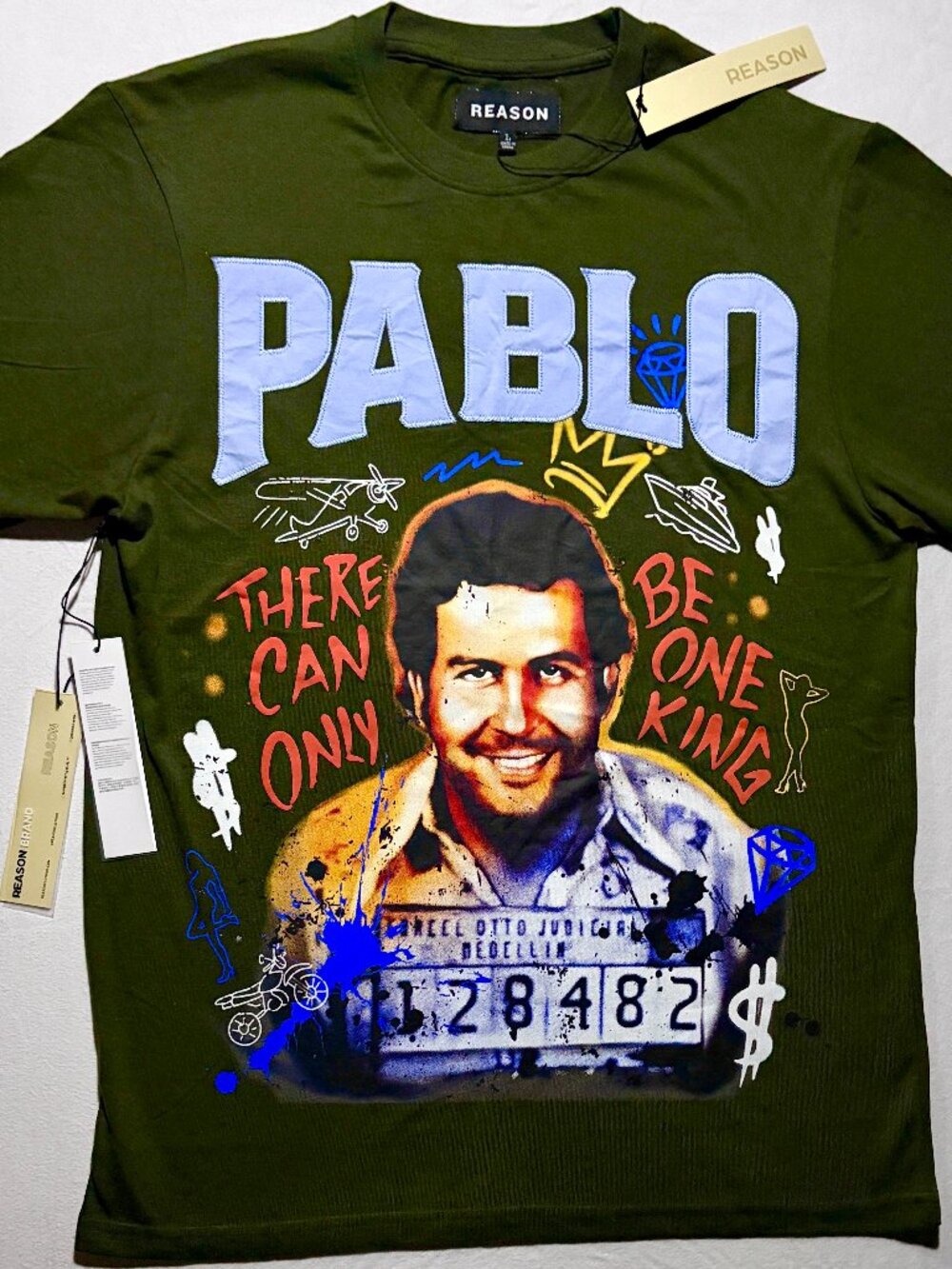 Reason Pablo Escobar Graphic T Shirt Mens L Olive Green Streetwear NWT